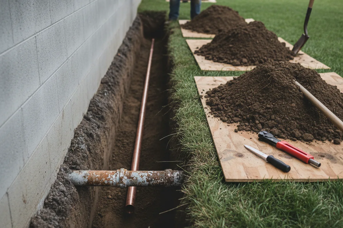 Excavated water line trench during Water Softener Installation in Redwood